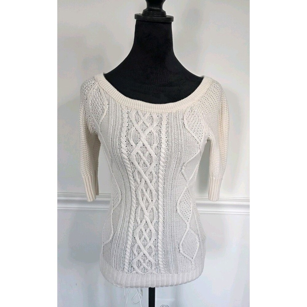 GUESS by Marciano Women's Ivory Cable Knit Sweater Boat Neck Side Lace Cotton M
